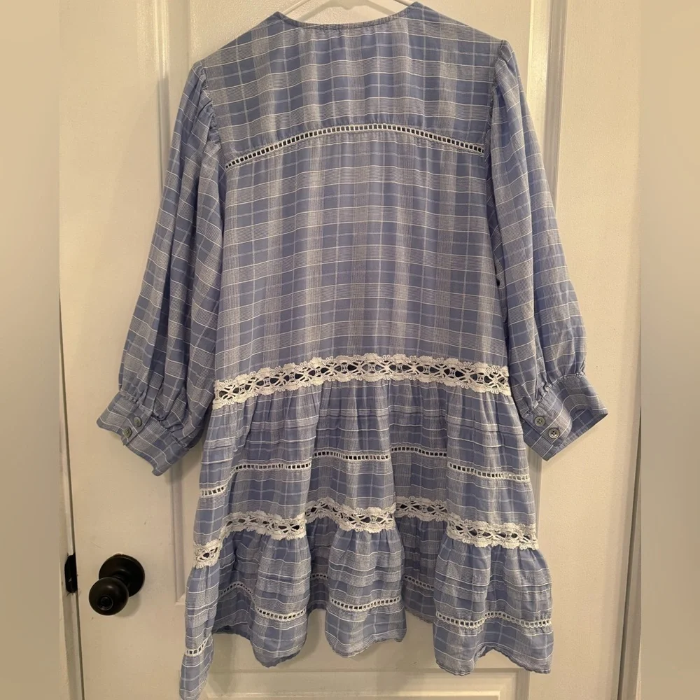 Free People Time Out Lace Tunic Shirt Blouse Chambray Blue White Plaid Medium - Picture 2 of 12